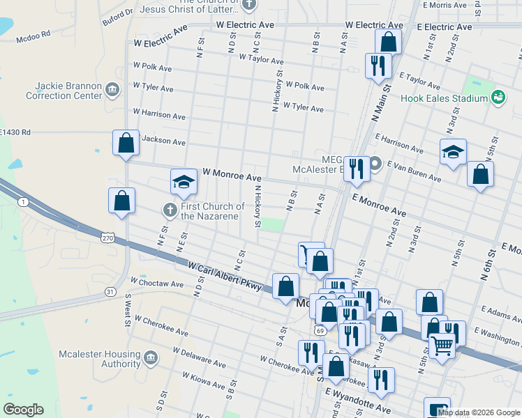 map of restaurants, bars, coffee shops, grocery stores, and more near 328 West Madison Avenue in McAlester