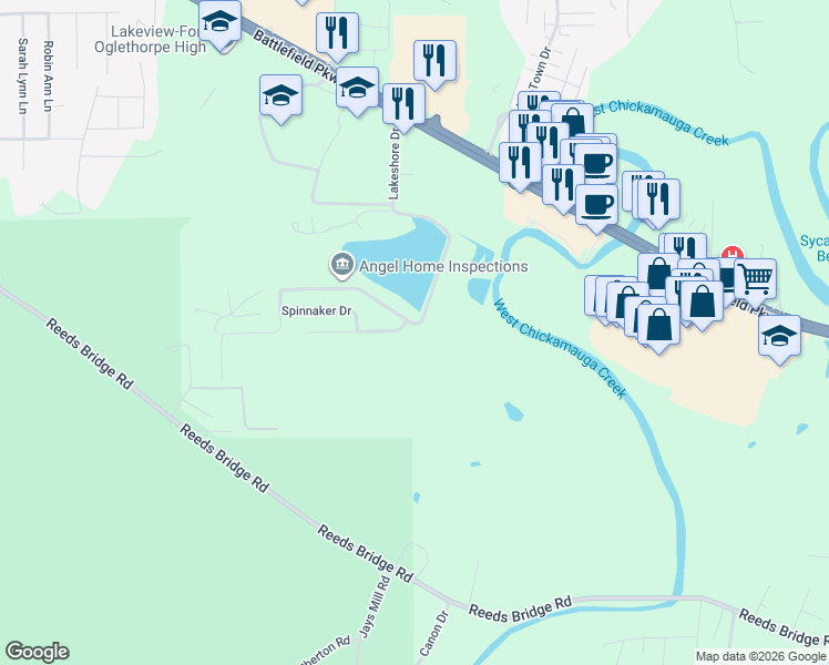 map of restaurants, bars, coffee shops, grocery stores, and more near 45 Shoreline Trace in Fort Oglethorpe
