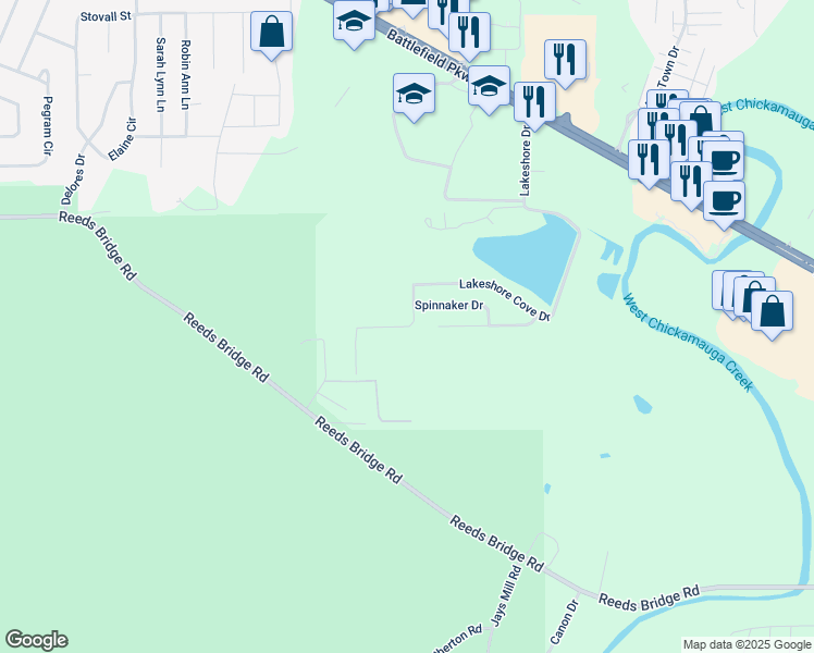 map of restaurants, bars, coffee shops, grocery stores, and more near 110 Ridgelake Circle in Fort Oglethorpe