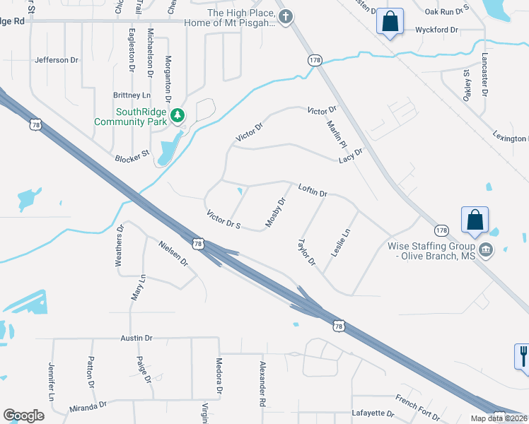 map of restaurants, bars, coffee shops, grocery stores, and more near 10015 Victor Drive in Olive Branch