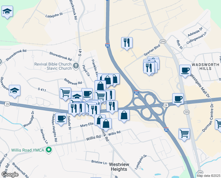 map of restaurants, bars, coffee shops, grocery stores, and more near 104 Franklin Avenue in Spartanburg