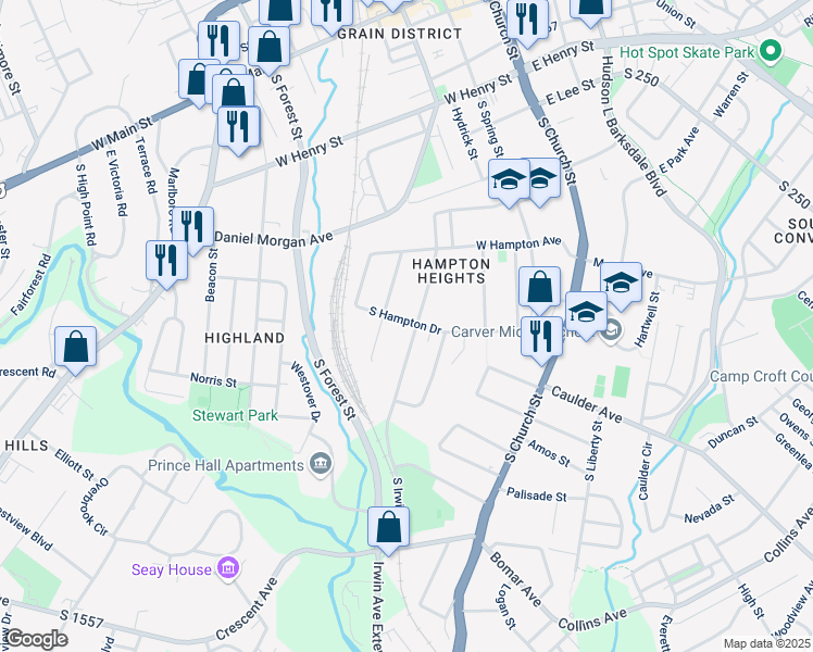 map of restaurants, bars, coffee shops, grocery stores, and more near 545 South Irwin Avenue in Spartanburg