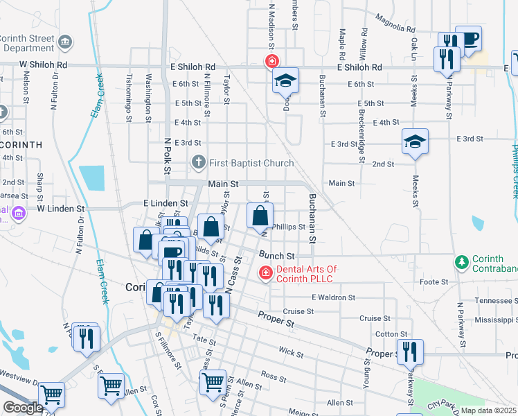 map of restaurants, bars, coffee shops, grocery stores, and more near 930 North Madison Street in Corinth