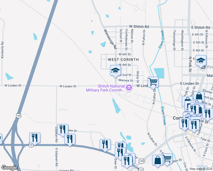 map of restaurants, bars, coffee shops, grocery stores, and more near 1500 West Linden Street in Corinth