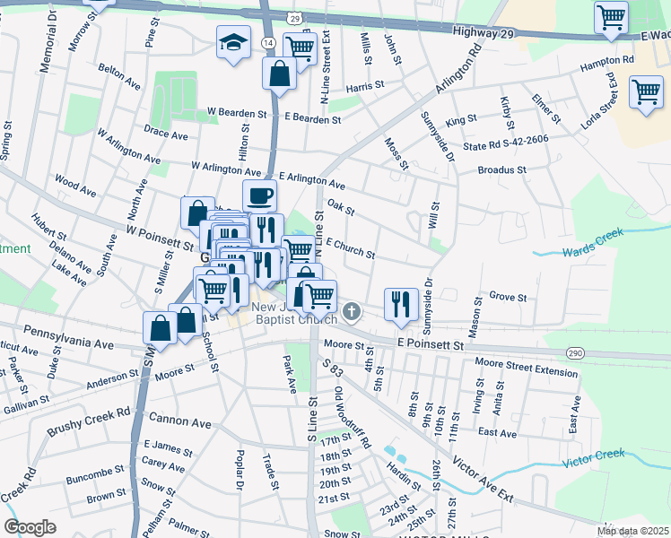 map of restaurants, bars, coffee shops, grocery stores, and more near 131 Dan Street in Greer