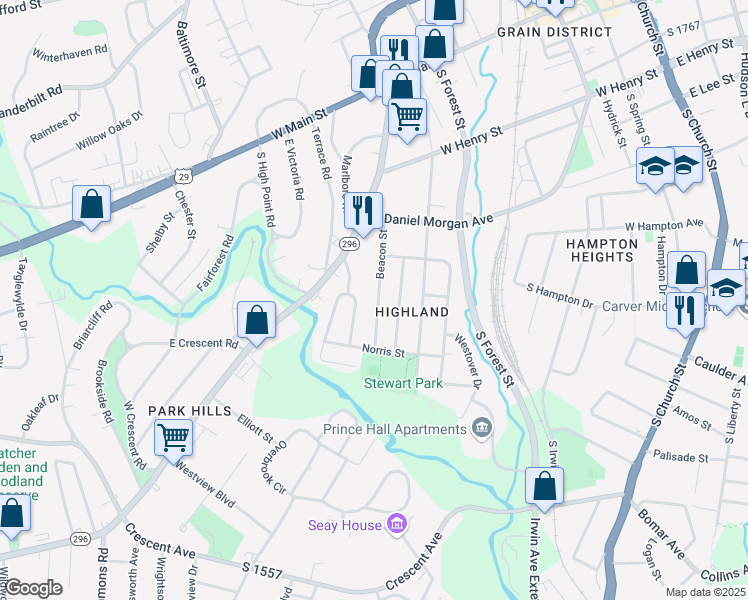 map of restaurants, bars, coffee shops, grocery stores, and more near 420 Beacon Street in Spartanburg
