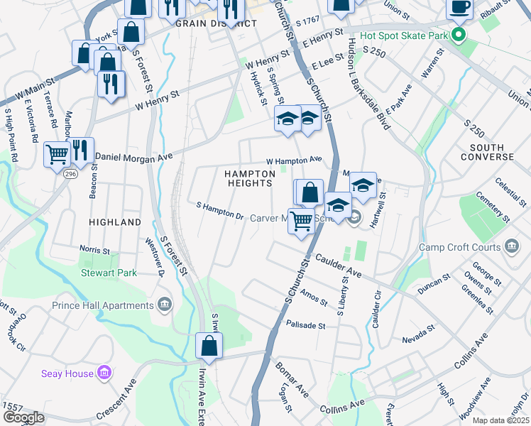 map of restaurants, bars, coffee shops, grocery stores, and more near 189 South Hampton Drive in Spartanburg