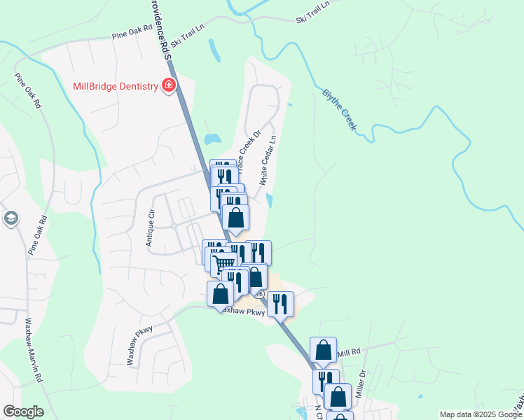 map of restaurants, bars, coffee shops, grocery stores, and more near 1951 Trace Creek Drive in Waxhaw