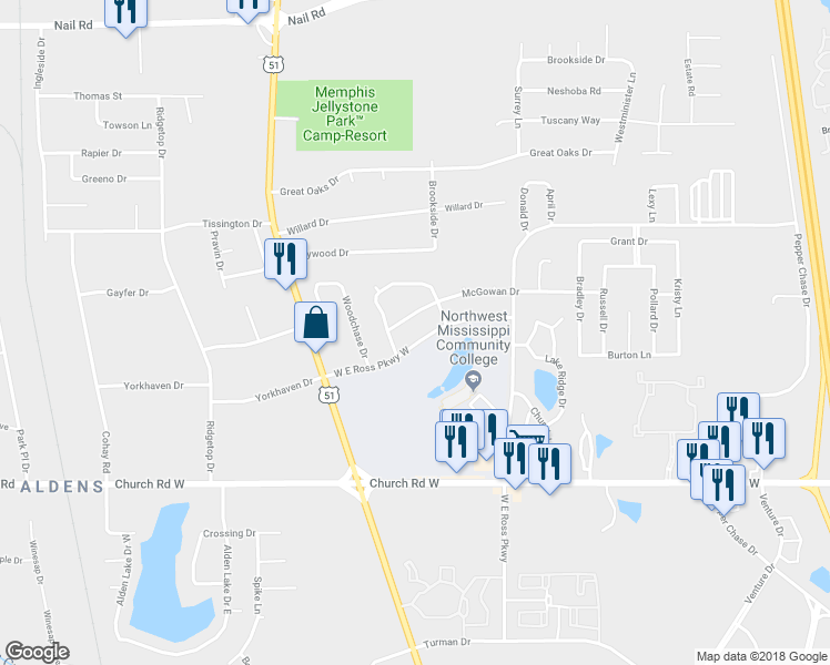 map of restaurants, bars, coffee shops, grocery stores, and more near 1208 West East Ross Parkway West in Southaven