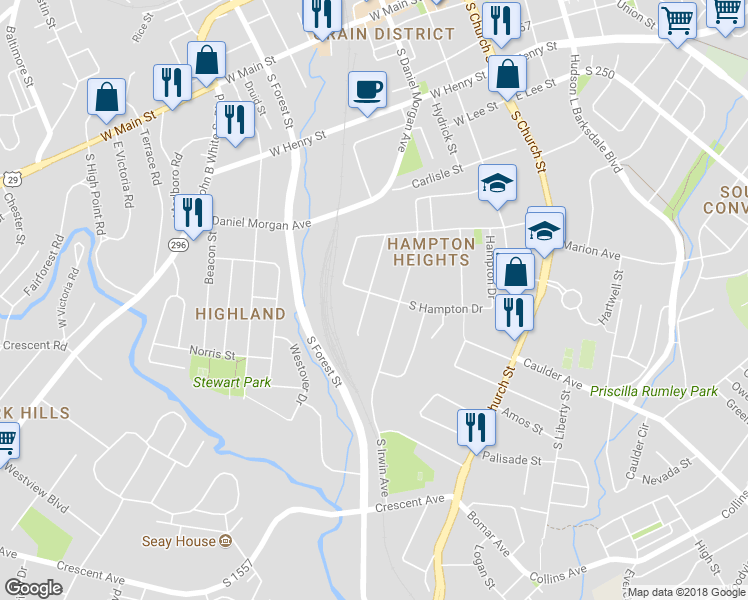 map of restaurants, bars, coffee shops, grocery stores, and more near 319 South Hampton Drive in Spartanburg