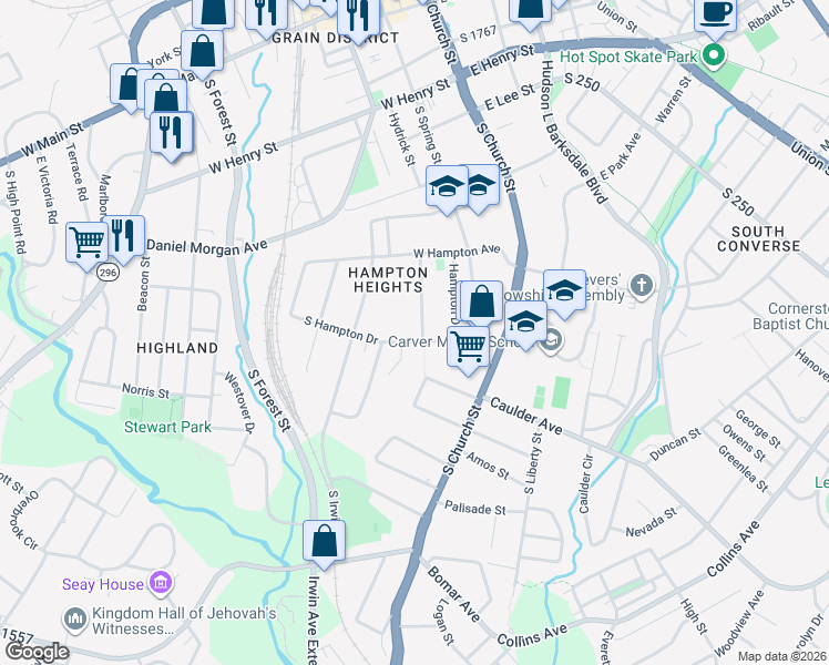 map of restaurants, bars, coffee shops, grocery stores, and more near 189 South Hampton Drive in Spartanburg