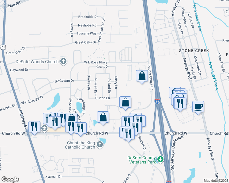 map of restaurants, bars, coffee shops, grocery stores, and more near 5331 Kristy Lane in Southaven