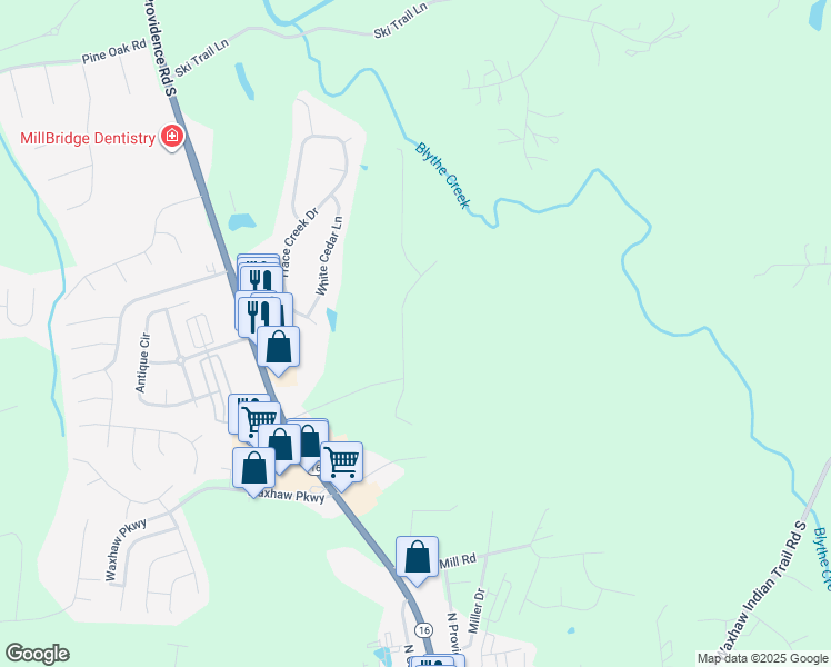 map of restaurants, bars, coffee shops, grocery stores, and more near 2819 Blythe Road in Waxhaw
