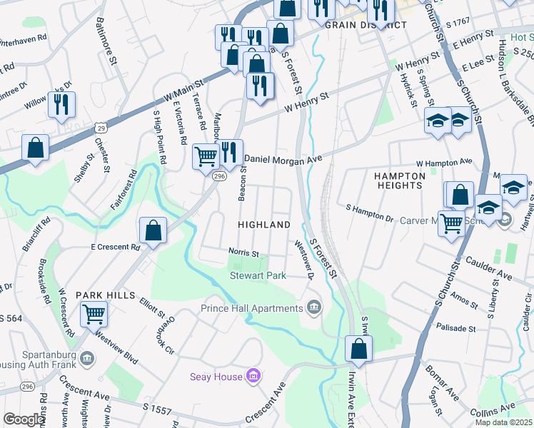 map of restaurants, bars, coffee shops, grocery stores, and more near 417 Highland Avenue in Spartanburg