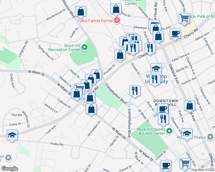 map of restaurants, bars, coffee shops, grocery stores, and more near 985 Constitution Boulevard in Rock Hill
