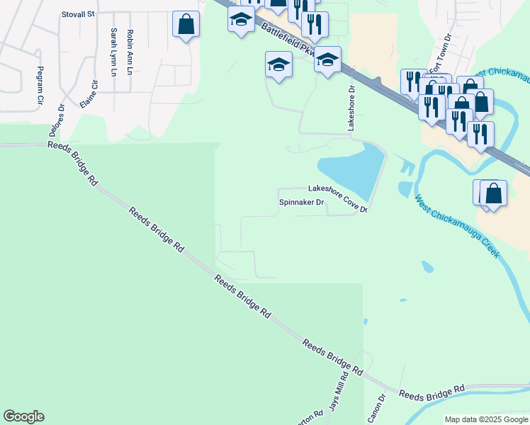 map of restaurants, bars, coffee shops, grocery stores, and more near 110 Ridgelake Circle in Fort Oglethorpe