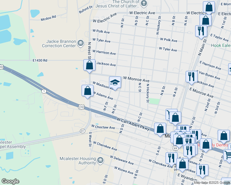 map of restaurants, bars, coffee shops, grocery stores, and more near 600 West Madison Avenue in McAlester