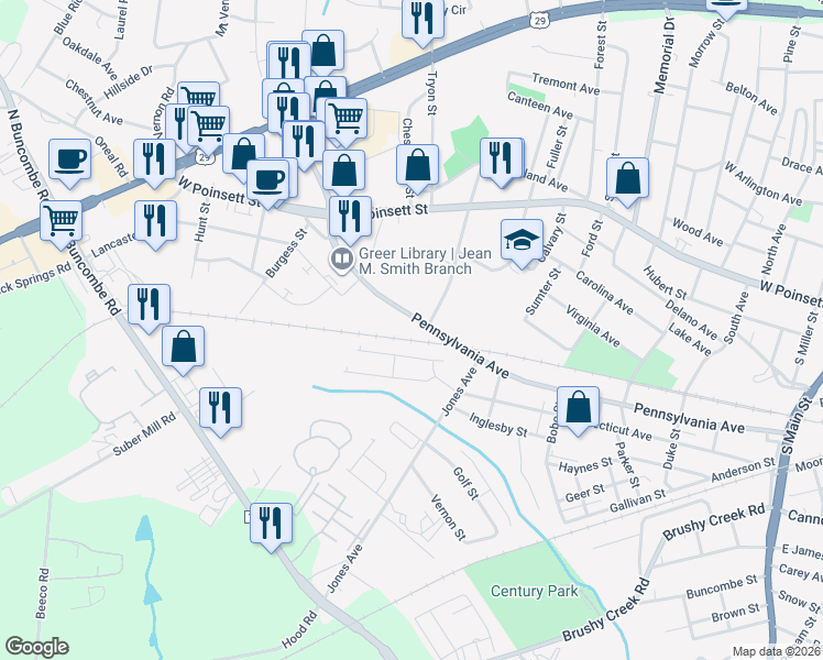 map of restaurants, bars, coffee shops, grocery stores, and more near 451 Pennsylvania Avenue in Greer