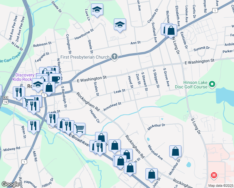 map of restaurants, bars, coffee shops, grocery stores, and more near 816 Leak Street in Rockingham
