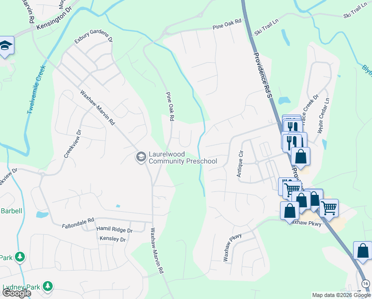 map of restaurants, bars, coffee shops, grocery stores, and more near 3908 Cassidy Drive in Waxhaw