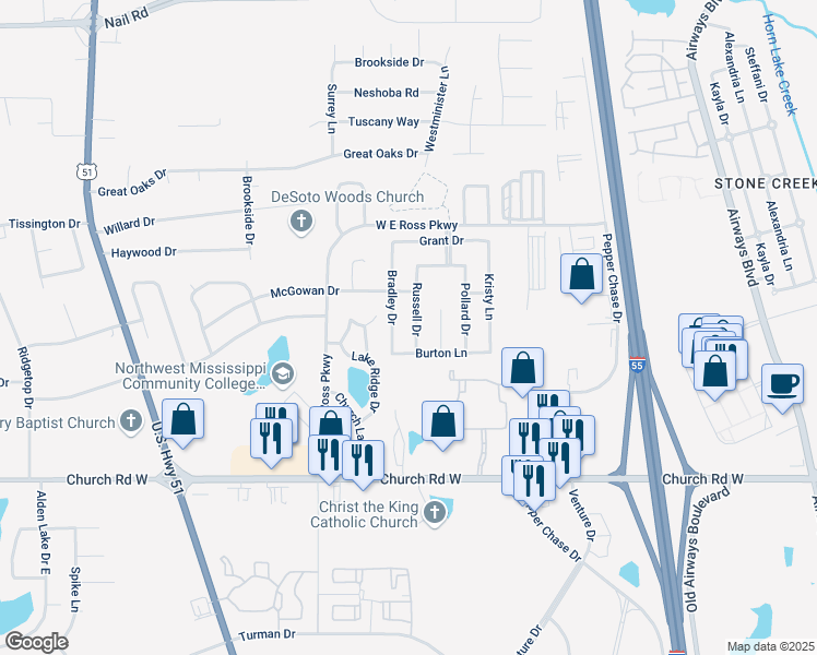 map of restaurants, bars, coffee shops, grocery stores, and more near 5335 Russell Drive in Southaven
