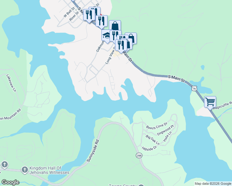 map of restaurants, bars, coffee shops, grocery stores, and more near 460B Admirals Point in Hiawassee