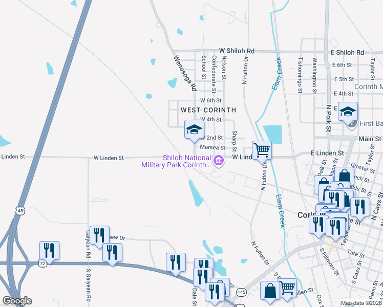 map of restaurants, bars, coffee shops, grocery stores, and more near 1500 West Linden Street in Corinth