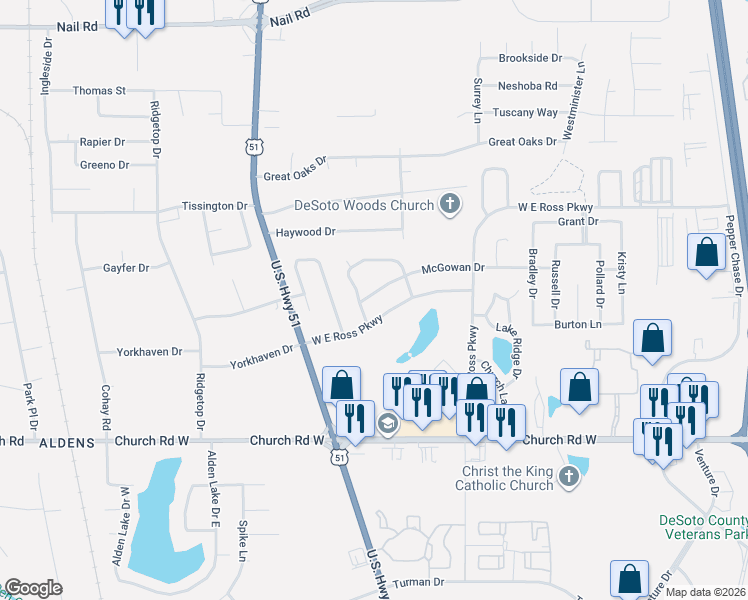 map of restaurants, bars, coffee shops, grocery stores, and more near 1248 West East Ross Parkway West in Southaven