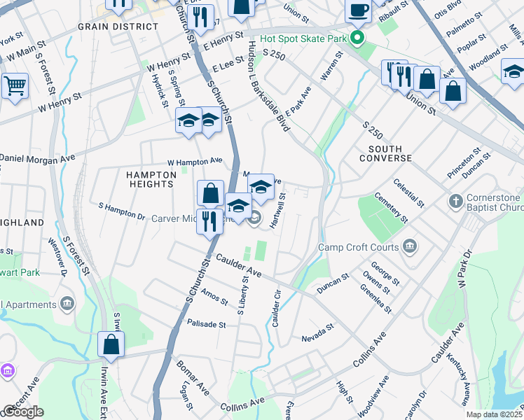 map of restaurants, bars, coffee shops, grocery stores, and more near 457 South Church Street in Spartanburg