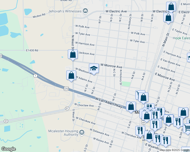 map of restaurants, bars, coffee shops, grocery stores, and more near 600 West Madison Avenue in McAlester