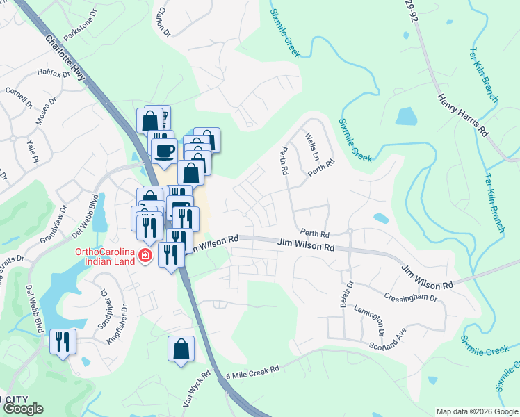 map of restaurants, bars, coffee shops, grocery stores, and more near 6009 Turkey Oak Lane in Indian Land