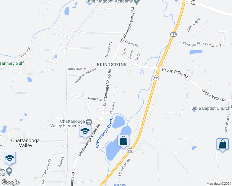 map of restaurants, bars, coffee shops, grocery stores, and more near 135 East Avenue in Chattanooga Valley