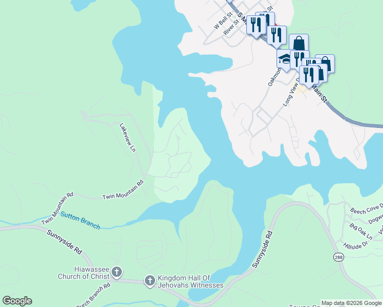 map of restaurants, bars, coffee shops, grocery stores, and more near 170 Windjammer Drive in Hiawassee