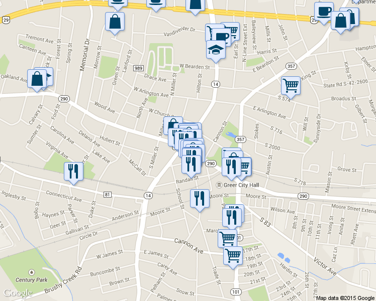 map of restaurants, bars, coffee shops, grocery stores, and more near 101 South Carolina 101 in Greer