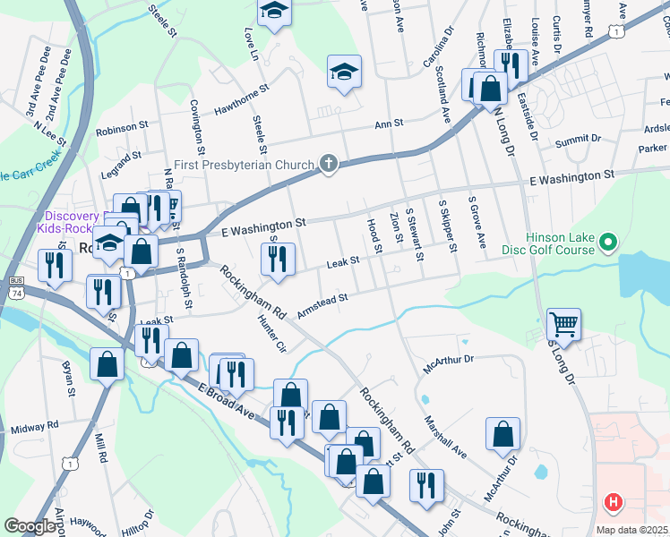 map of restaurants, bars, coffee shops, grocery stores, and more near 816 Leak Street in Rockingham