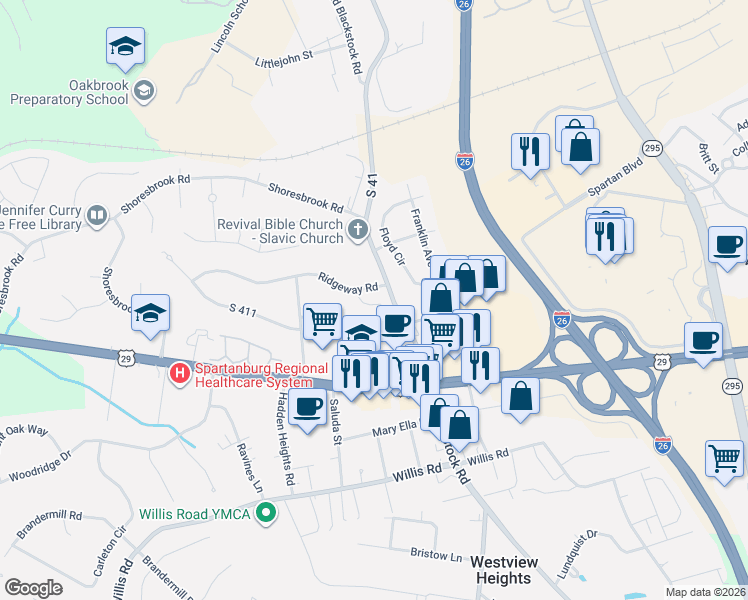 map of restaurants, bars, coffee shops, grocery stores, and more near 96 South 921 in Spartanburg