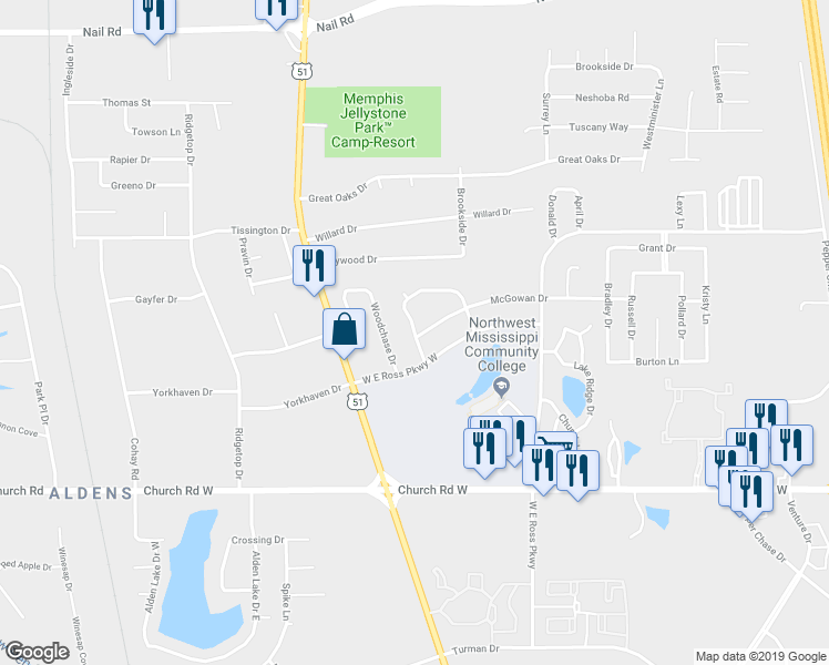 map of restaurants, bars, coffee shops, grocery stores, and more near 5337 Payton Drive West in Southaven
