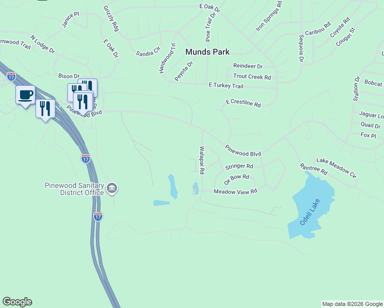 map of restaurants, bars, coffee shops, grocery stores, and more near 17810 Walapai Road in Munds Park