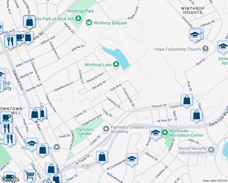 map of restaurants, bars, coffee shops, grocery stores, and more near 343 Frayser Street in Rock Hill