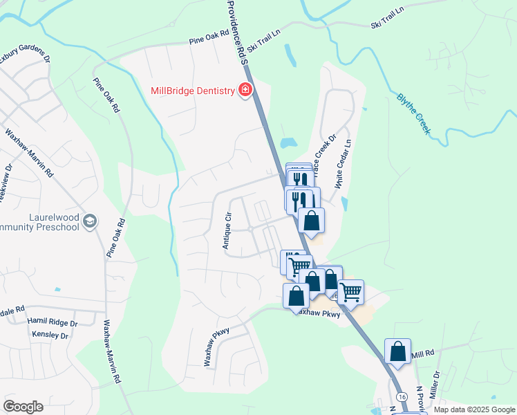 map of restaurants, bars, coffee shops, grocery stores, and more near 3909 Hermes Lane in Waxhaw