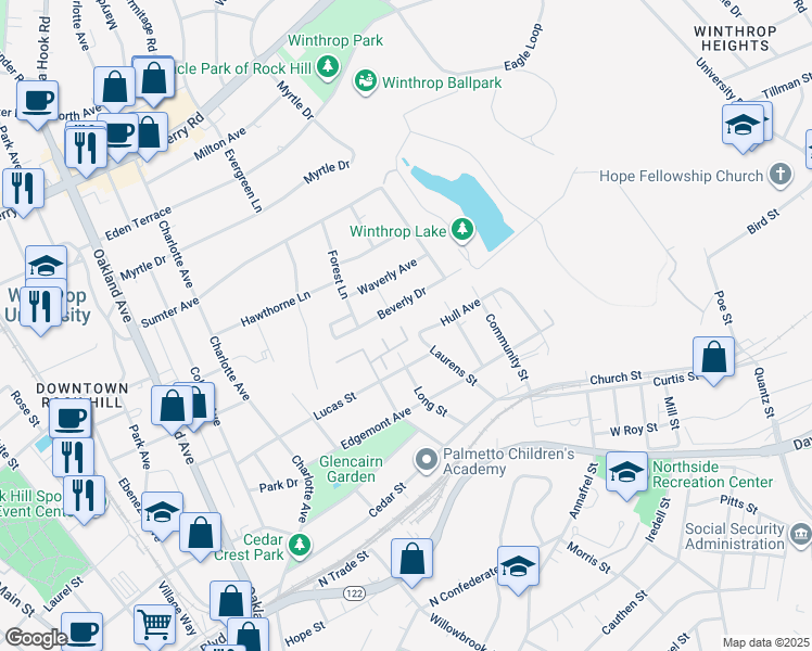 map of restaurants, bars, coffee shops, grocery stores, and more near 352 Long Street in Rock Hill