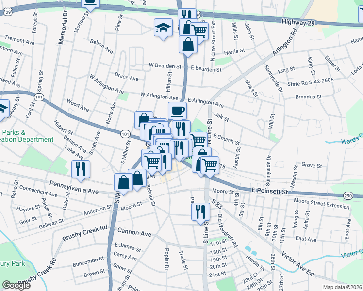map of restaurants, bars, coffee shops, grocery stores, and more near 301 East Poinsett Street in Greer