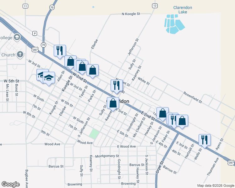 map of restaurants, bars, coffee shops, grocery stores, and more near 112 Kearney Street in Clarendon