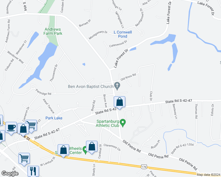 map of restaurants, bars, coffee shops, grocery stores, and more near 2446 Wallace Avenue in Spartanburg