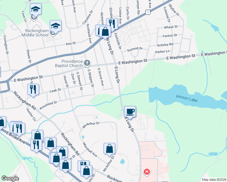 map of restaurants, bars, coffee shops, grocery stores, and more near 310 South Brookwood Avenue in Rockingham