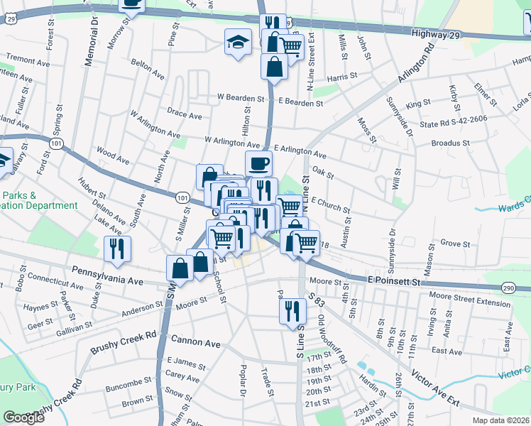 map of restaurants, bars, coffee shops, grocery stores, and more near 301 East Poinsett Street in Greer