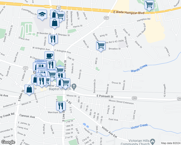 map of restaurants, bars, coffee shops, grocery stores, and more near 223 East Church Street in Greer