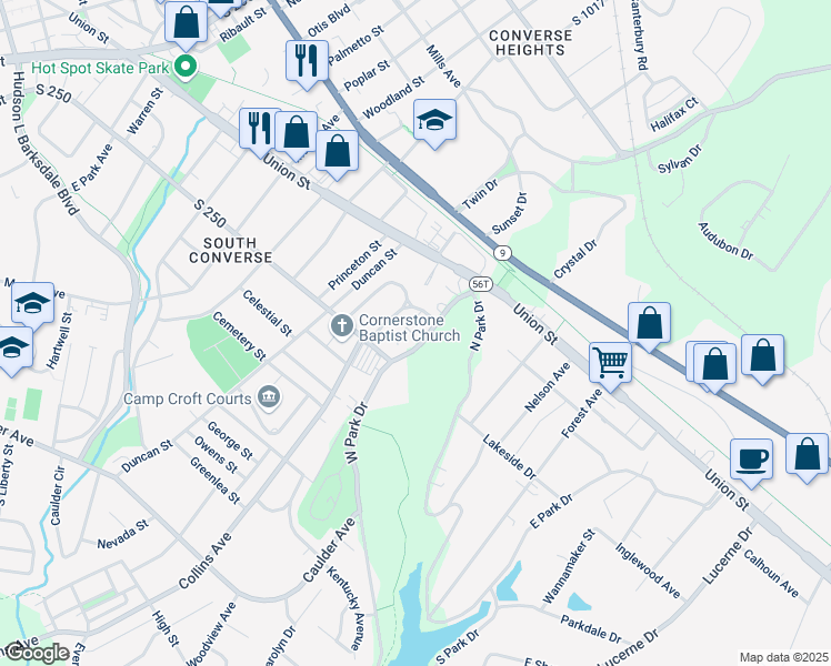 map of restaurants, bars, coffee shops, grocery stores, and more near 735 Duncan Park Drive in Spartanburg