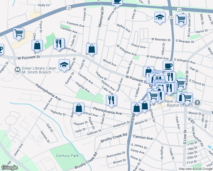 map of restaurants, bars, coffee shops, grocery stores, and more near 111 Delano Avenue in Greer