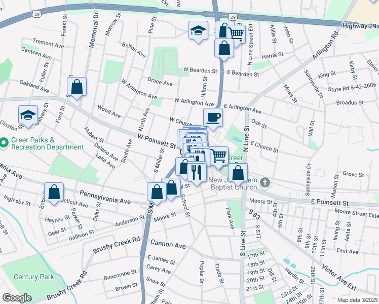 map of restaurants, bars, coffee shops, grocery stores, and more near in Greer